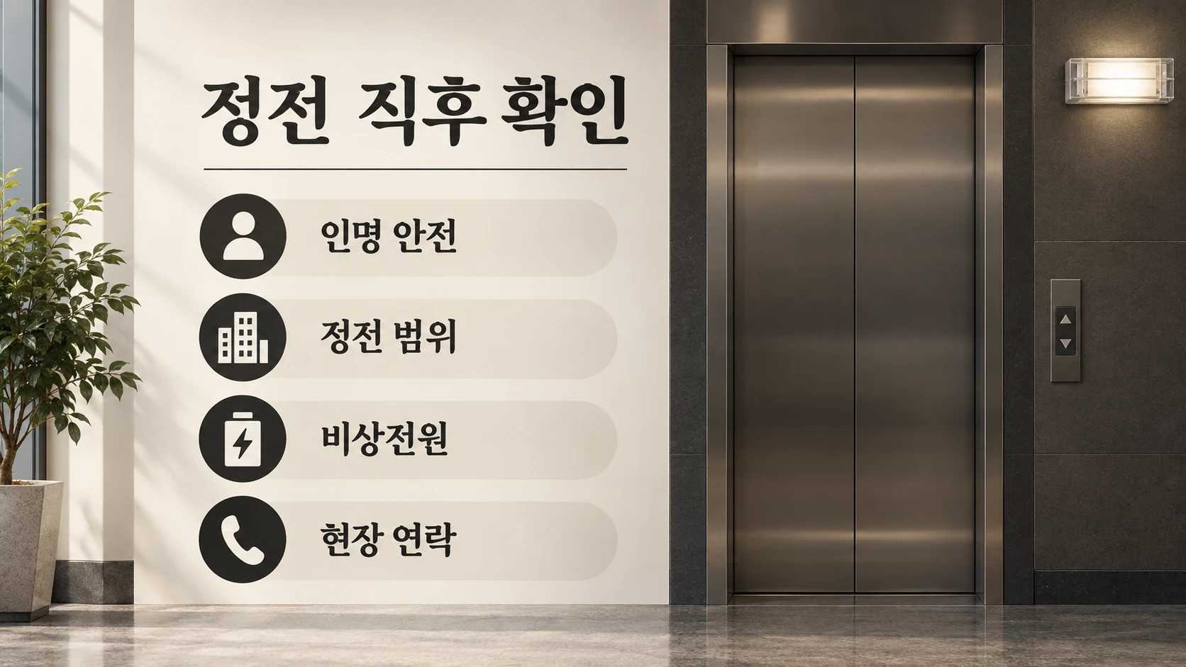 정전 직후에는 인명 안전과 영향 범위를 먼저 확인합니다