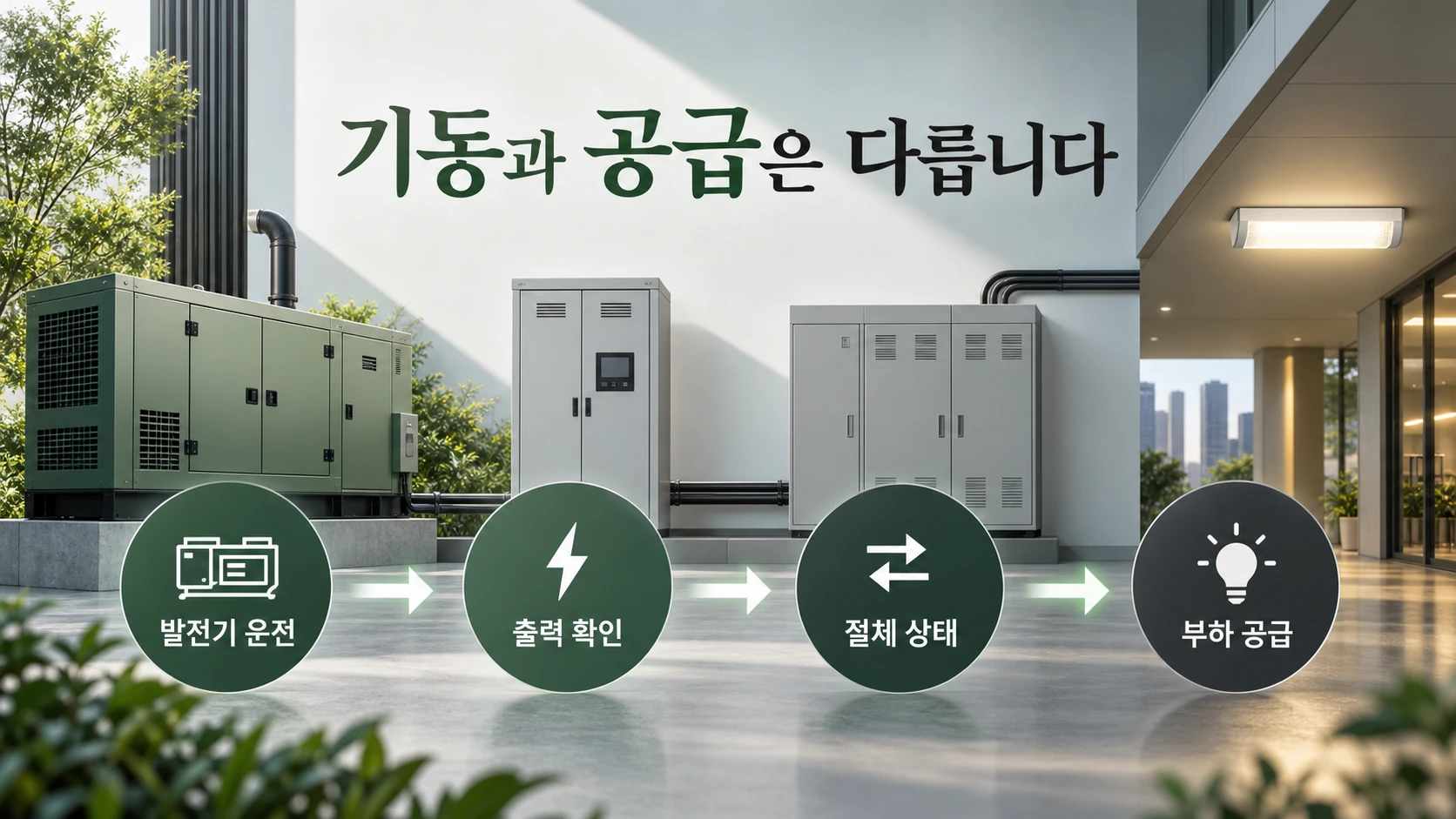발전기 기동과 비상부하 전원 공급은 별도로 확인합니다