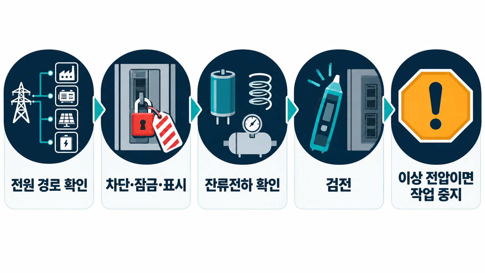 전원 확인부터 이상 전압 작업 중지까지의 정전 작업 절차