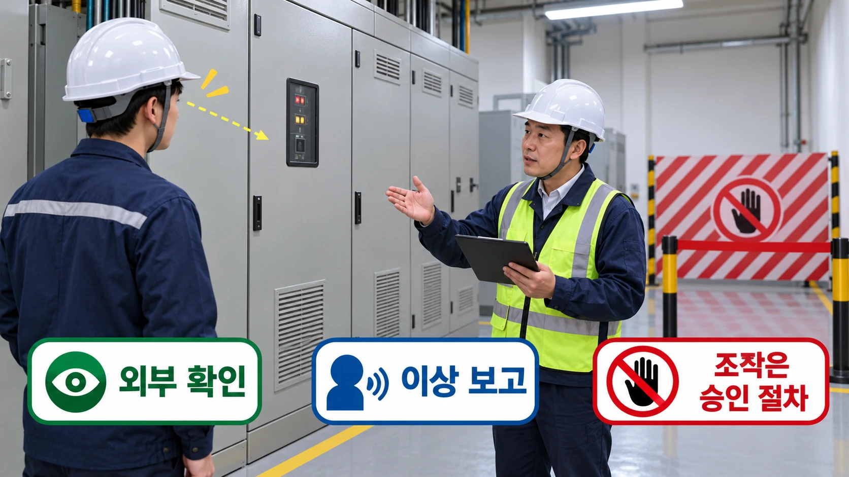 닫힌 전기 판넬의 외부를 살피고 이상을 보고하는 기술자